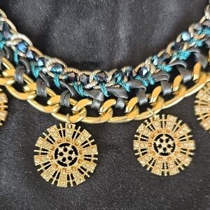 Betsey Johnson Gold and Blue Medallion Statement Necklace